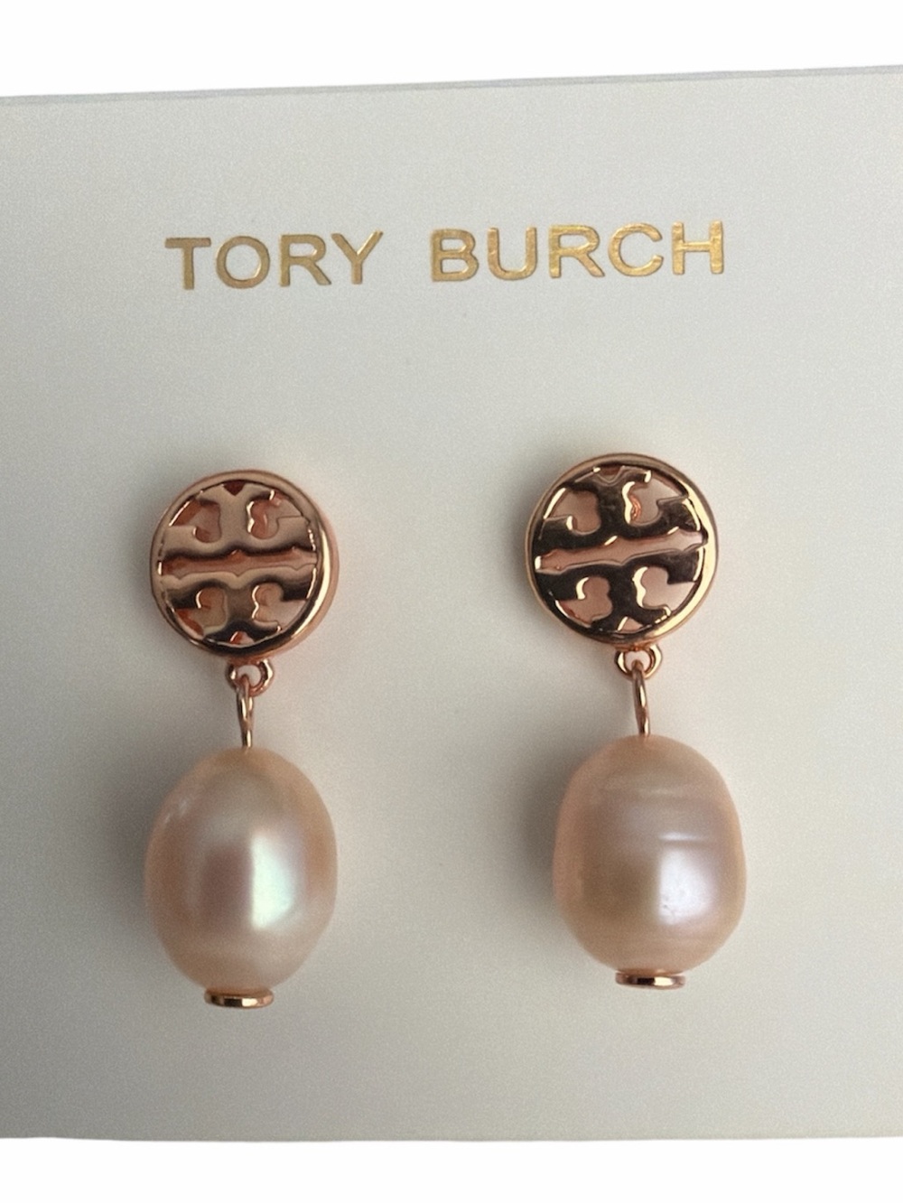 Tory Burch Rose Gold Logo Drop Earrings with Pale Pink Pearls
